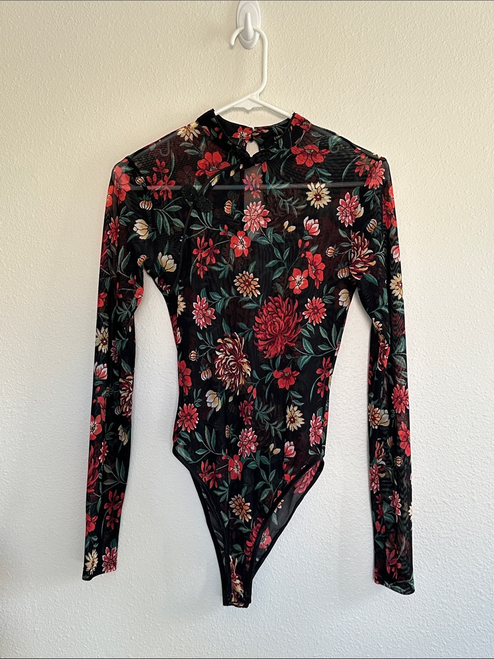 Forever 21 Black Floral Long-Sleeve Mesh-type Bodysuit